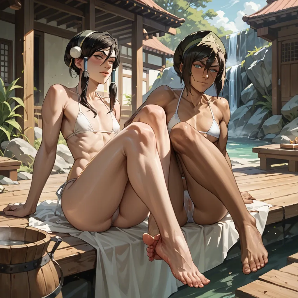 2 girls, Toph beifong from avatar, korra, flat chested, white bikini, steam house, wooden, sexy legs, sexy feet, teasing