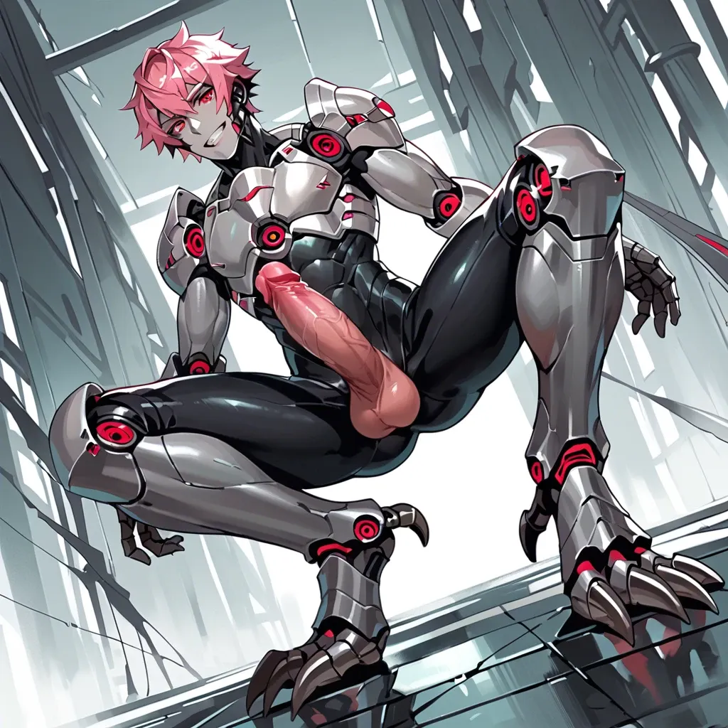 Twink, solo, pink hair, red eyes, robot, silver metal skin, black metal skin, armoured, muscular, erect robotic pink penis, digitigrade legs, bird feet, soft smile, from below