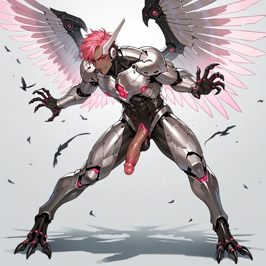 Twink, solo, pink hair, red eyes, robot, silver metal skin, black metal skin, armoured, muscular, glowing metal pink penis, digitigrade legs, bird feet, soft smile, robotic angel wings