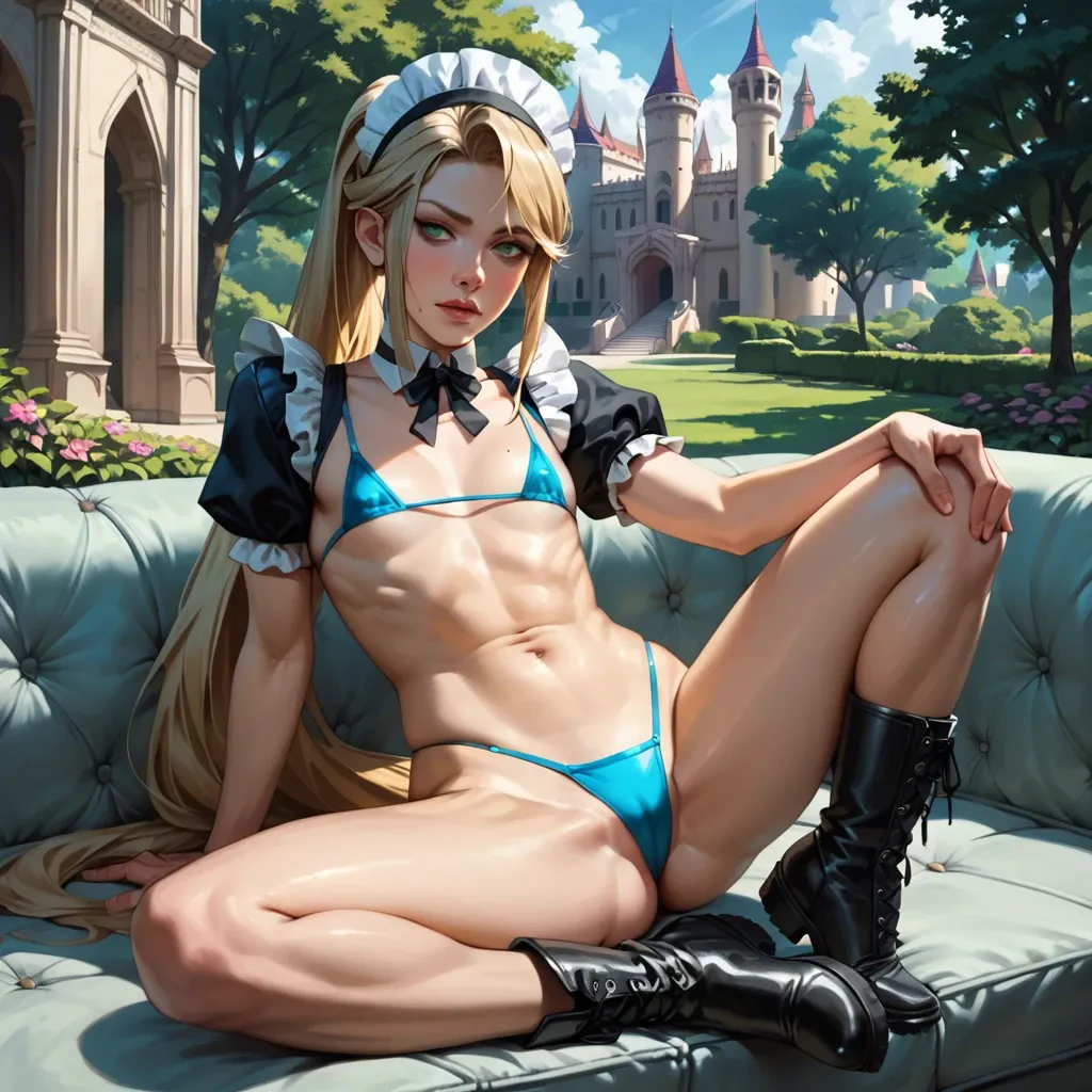 1girl,solo, , , , realistic eyes,hands on legs,flat chest,grabbing,colored skin, crop top,palace,maid hat,micro bikini,black boots, sit on a couch, park, cyberpunk, samus, rapunzel waifu