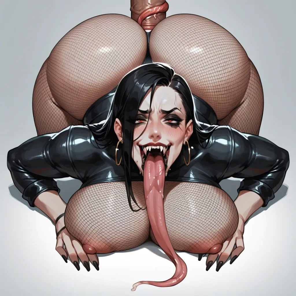 Vampire woman,ass up,  ground view, center view, tired expression, drooling, smiling, fangs, long tongue, big fat butt, huge breasts, blushing, black eyeliner, ,  anal penetration, fishnet bodysuit, , , eyes rolled back,, ass up, legs spread,on hands , standing , blushing, ,, ,huge butt, huge breasts,nipple piercings , ,  , huge breasts,  , tongue out, doggystyle, anal, on chest,  ass up, , , fucked by man,, anal penetration, view of ass , , , breasts out, , eyes rolled, ,view of penetration, black hair,