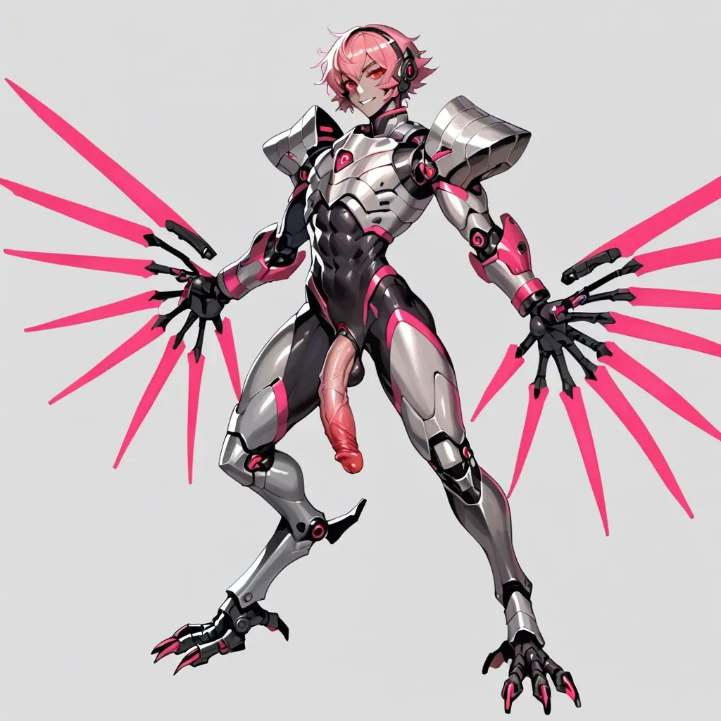 Femboy, twink, solo, pink hair, red eyes, robot, silver metal skin, black metal skin, armoured, muscular, glowing pink penis, digitigrade legs, bird feet, soft smile, robotic wings