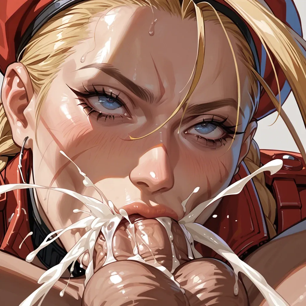 Cammy, thicc ass, (irrumatio), (cheek_bulge), (rolling_eyes), 69 position, big balls, mouthful, excessive cum, manga style, close up