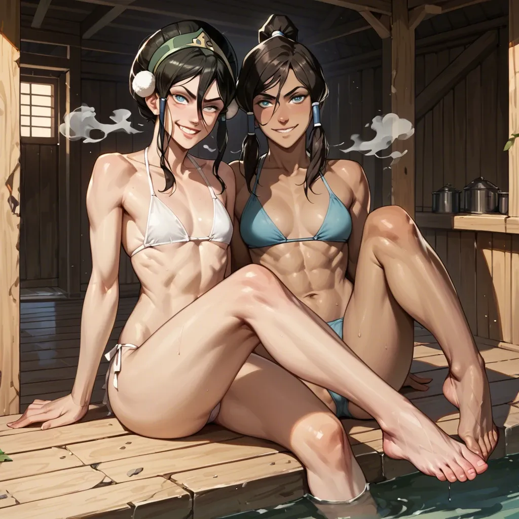 2 girls, Toph beifong from avatar, korra, flat chested, white bikini, steam house, wooden, sexy legs, sexy feet, teasing, smiling,