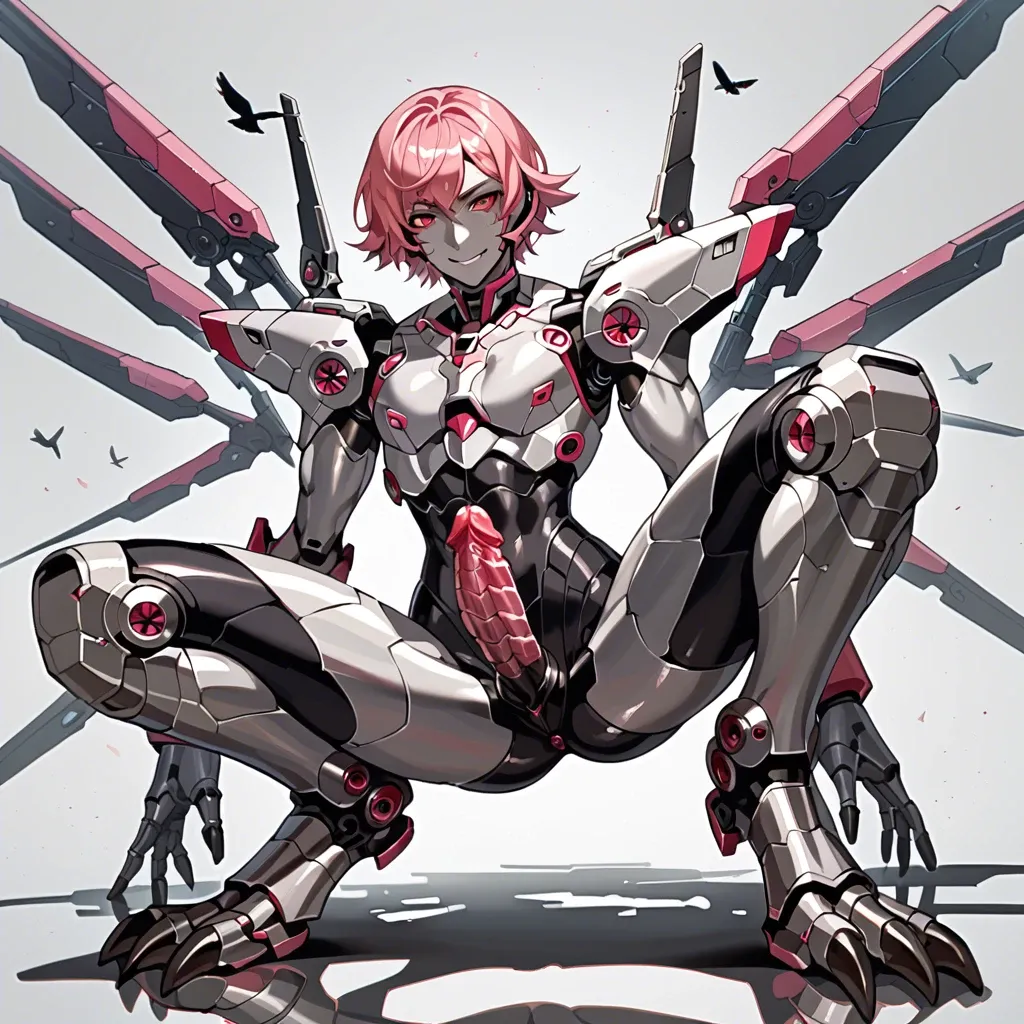 Twink, femboy, solo, pink hair, red eyes, robot, silver metal skin, black metal skin, armoured, muscular, hourglass waist, erect robotic penis, digitigrade legs, bird feet, mecha, soft smile, dominant, from below