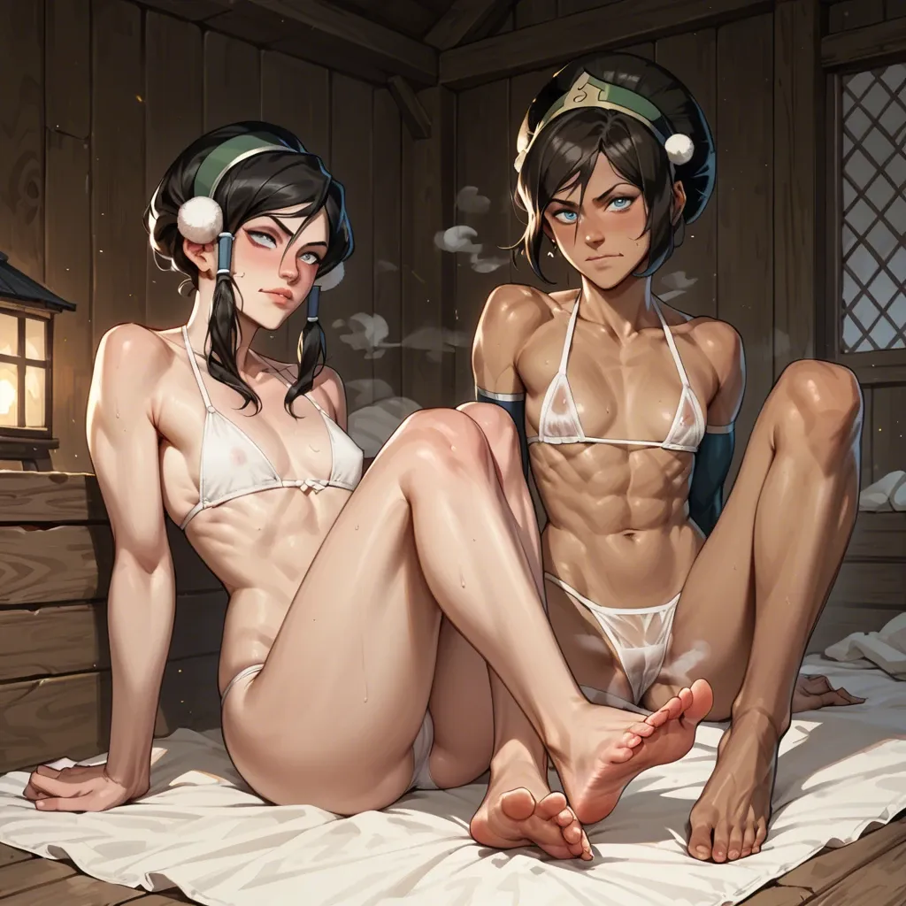 2 girls, Toph beifong from avatar, korra, flat chested, white bikini, steam house, wooden, sexy legs, sexy feet, teasing,