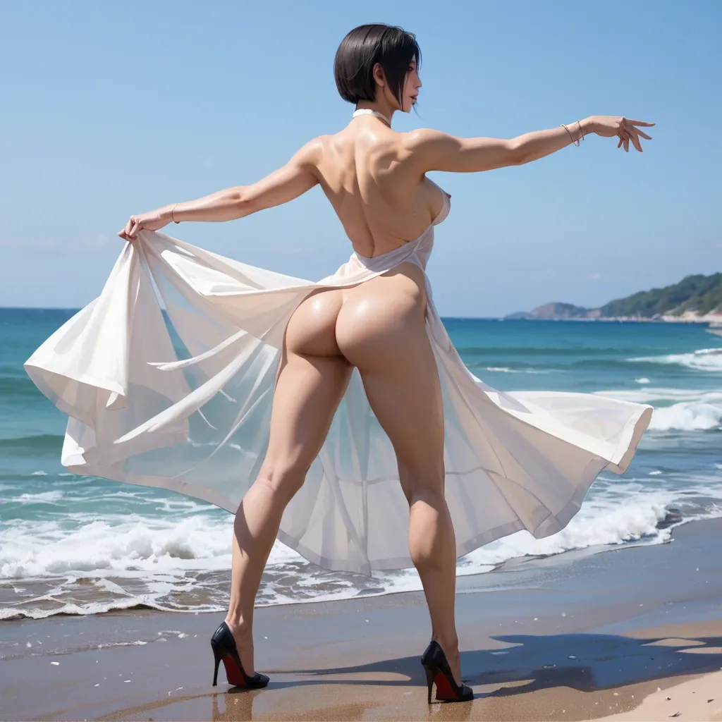 ada wong, skimpy see through dress, stand, extreme close up, thigh gap, naked crotch, legs apart, firm breasts, firm butt, dancing, on the beach, , full body photo,