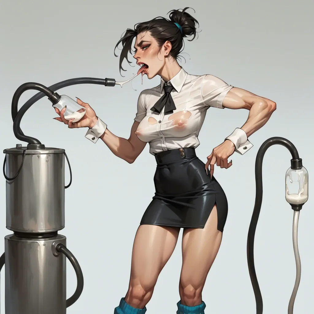 1girl,1boy, , , , milking machine,perfect legs,saggy boobs,from waist up,wrist cuffs, sharp jawline,shiny clothes,nipple,thin waist,shoulder, pencil skirt,leg warmers,saliva strings,thong,platform heels, baroque, river, spaceship, anime, dark ambience, princess peach, anna and elsa, asuka