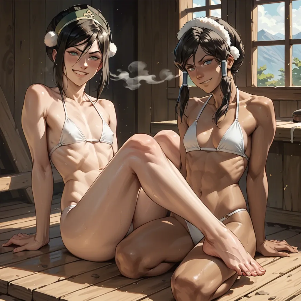 2 girls, Toph beifong from avatar, korra, flat chested, white bikini, steam house, wooden, sexy legs, sexy feet, teasing, smiling,