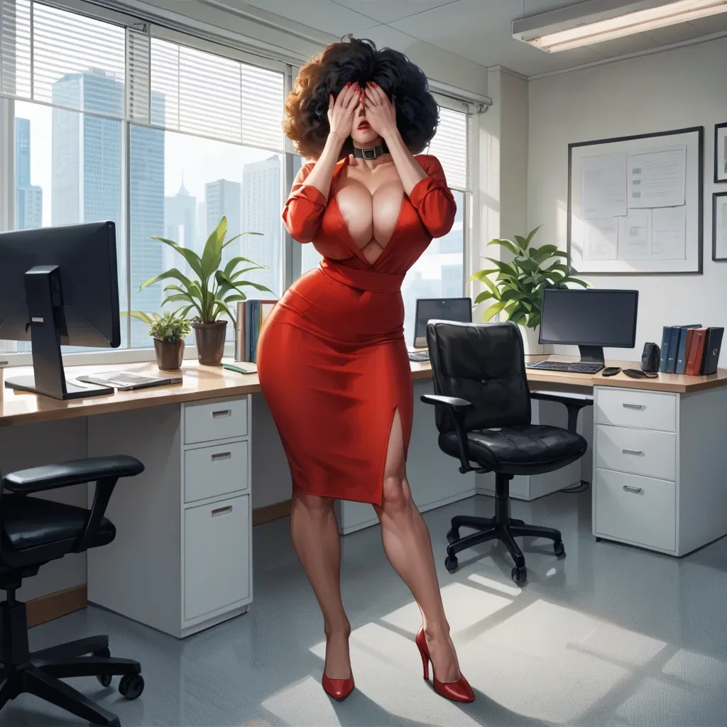 Realistic, office, Sara Bellum, hair covering face, black collar, red dress, full body, Curvy, Huge Breasts, Breast slip, Thick