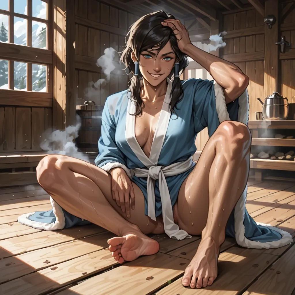 Avatar Korra, fit, steam house, wooden, wearing loose robes, hand on head, smiling, teasing with feet, sexy feet, sweaty,