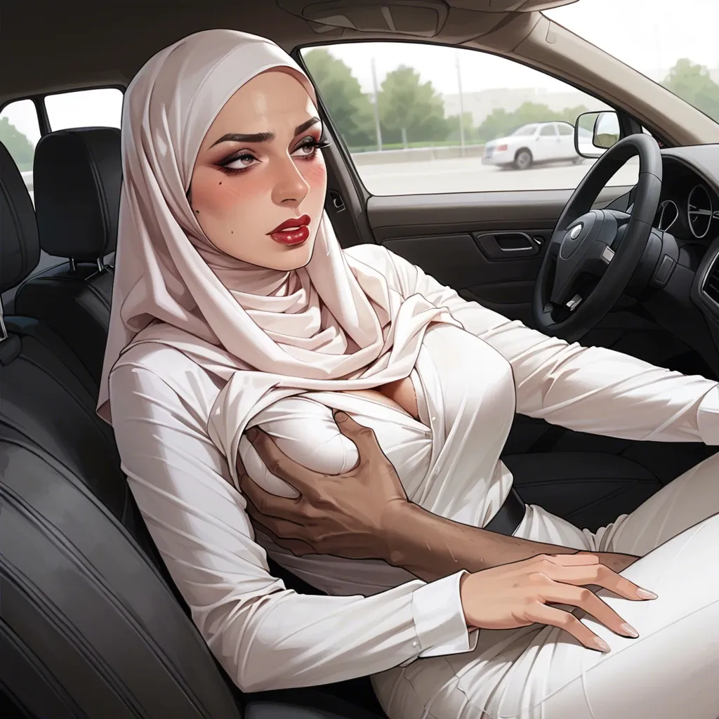 Elegant lady, lipstick, hijab, breasts grab, in car, horny, blush