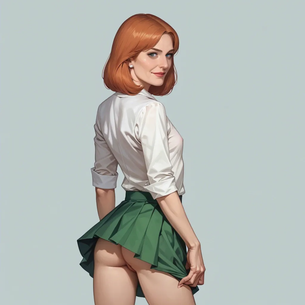 realistic realistic,full detailed,accurate,lois griffin,mature,flat chest,petite,skinny,slim,cleft of venus,seductive smile,shirt,upskirt,shy,rear view