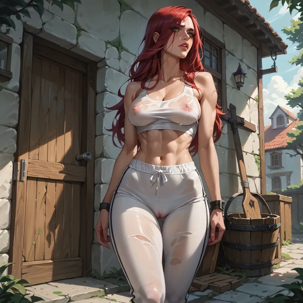 Katarina from League of Legends rents a house and she does not have enough money to pay and has to pay with her body, she is dressed in tight sweatpants and a see-through tank top