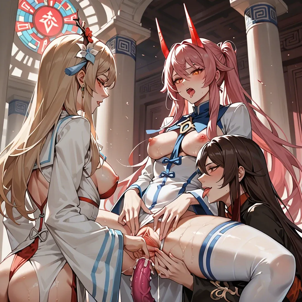 Zero Two, 3 girls, horns,pink hair, blond hair, Lumine, hu tao, cunilingus, sex, temple, spread pussy,priestesses' attire, cum, dual dildo, altar , lust,  wet clothes , ahe-gao, spittle