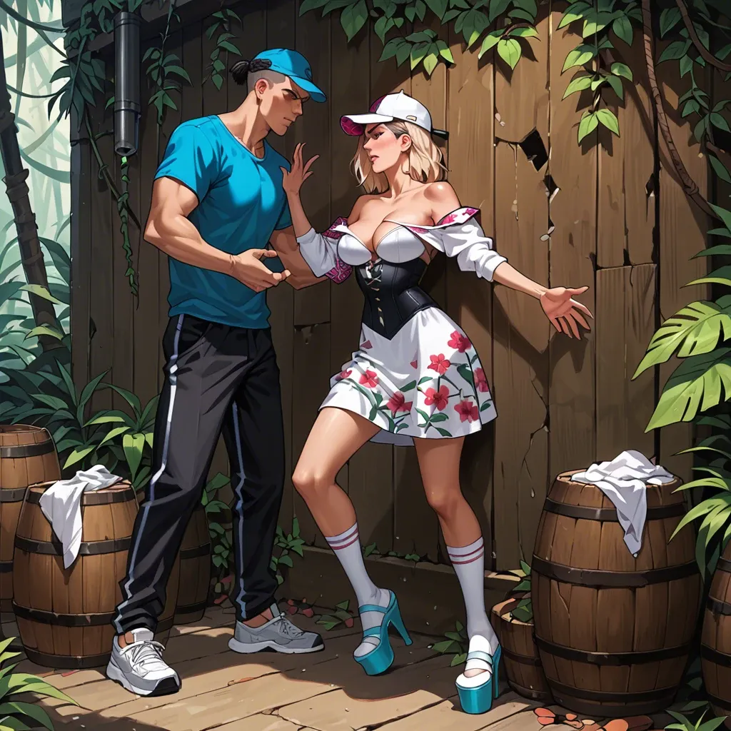 1girl,1boy, , , , reaching,hand on wall,round breasts,bent at waist,off-shoulder, floral dress,baggy socks,tennis cap,corset,platform heels, barrel, jungle, cyberpunk, spider-gwen