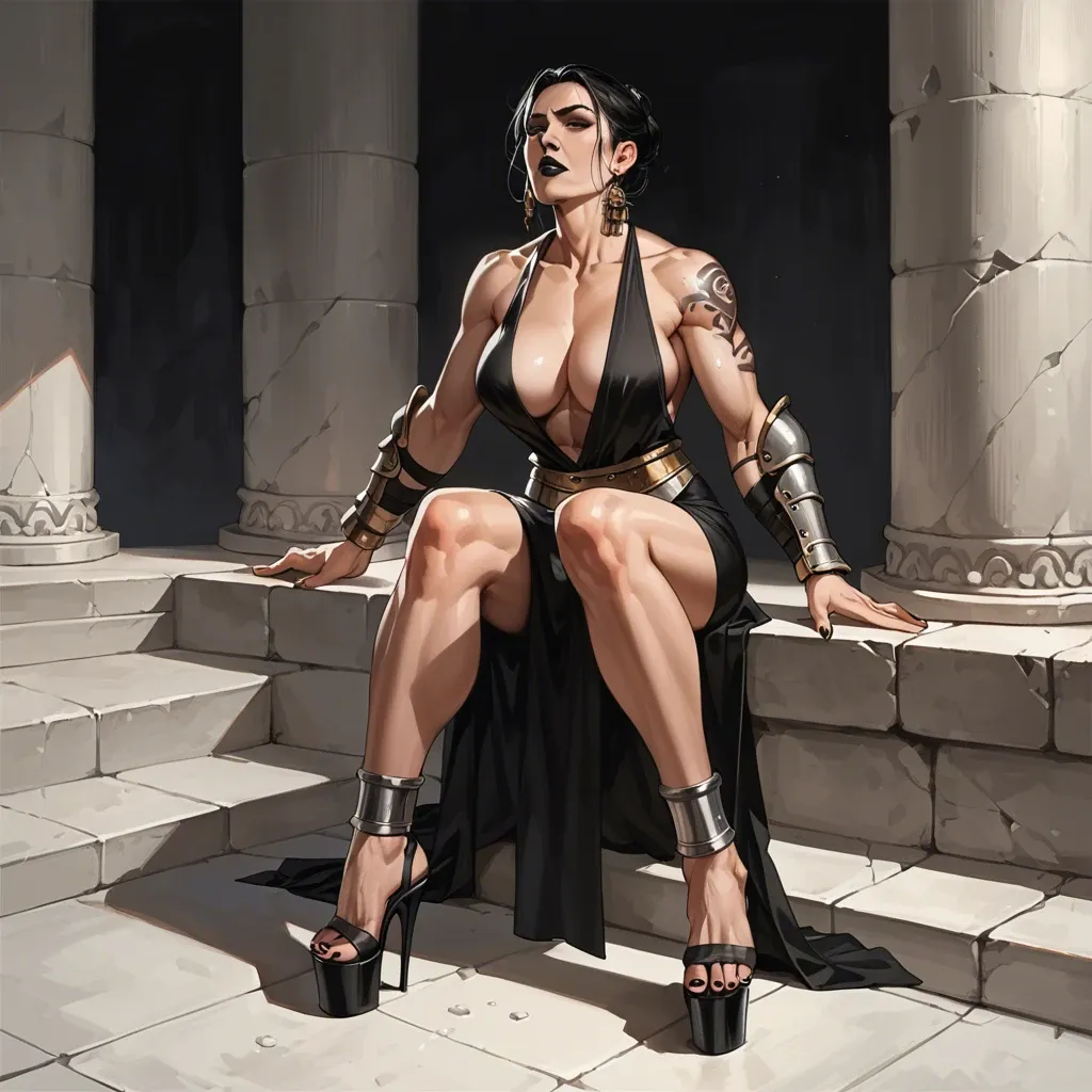 1girl,solo, , , , clenching,platform heels,perky tits,worship,shoulder tattoo, slip,perfect feet,deep cleavage,back muscles,collarbone, black lipstick,armour,large breast,arabian harem,ankles, baggy pants,black stockings,red choker,orange leotard,armored boots, subway, medieval, collared shirt, source cartoon, bright eyes, tifa lockhart, anna, hatsune miku