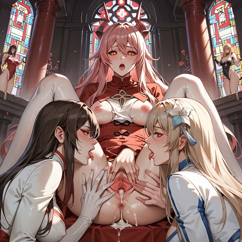 Zero Two, 3 girls, horns,pink hair, blond hair, Lumine, hu tao, cunilingus, sex, temple, spread pussy,priestesses' attire, cum, dual dildo, altar , lust,  wet clothes , ahe-gao, spittle