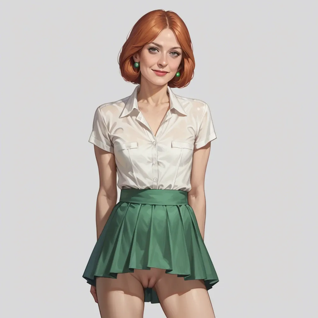 realistic realistic,full detailed,accurate,lois griffin,mature,flat chest,petite,skinny,slim,cleft of venus,seductive smile,shirt,upskirt,shy,rear view