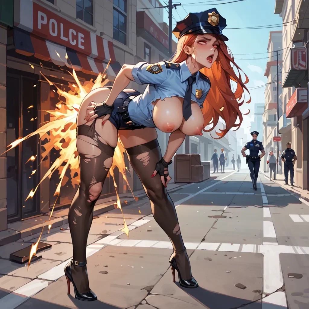 Sexy robot girl human like, big breast, police uniform, explosion in head, sparks and smoke every where, beautiful legs, long socks, bent over, torn clothes, street, in public, red eyes, rolling eyes