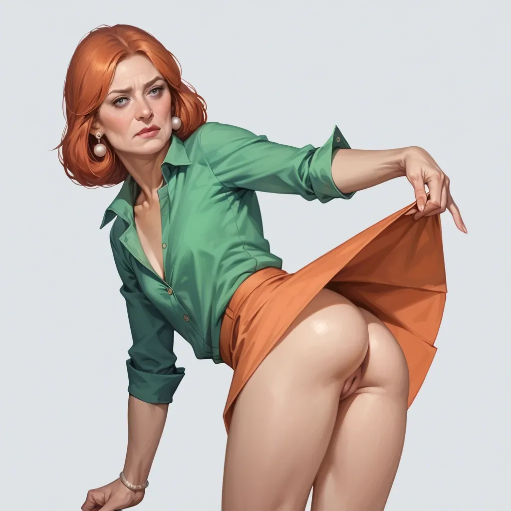 realistic realistic,full detailed,accurate,lois griffin,mature,flat chest,petite,skinny,slim,cleft of venus,seductive smile,shirt,upskirt,shy,rear view