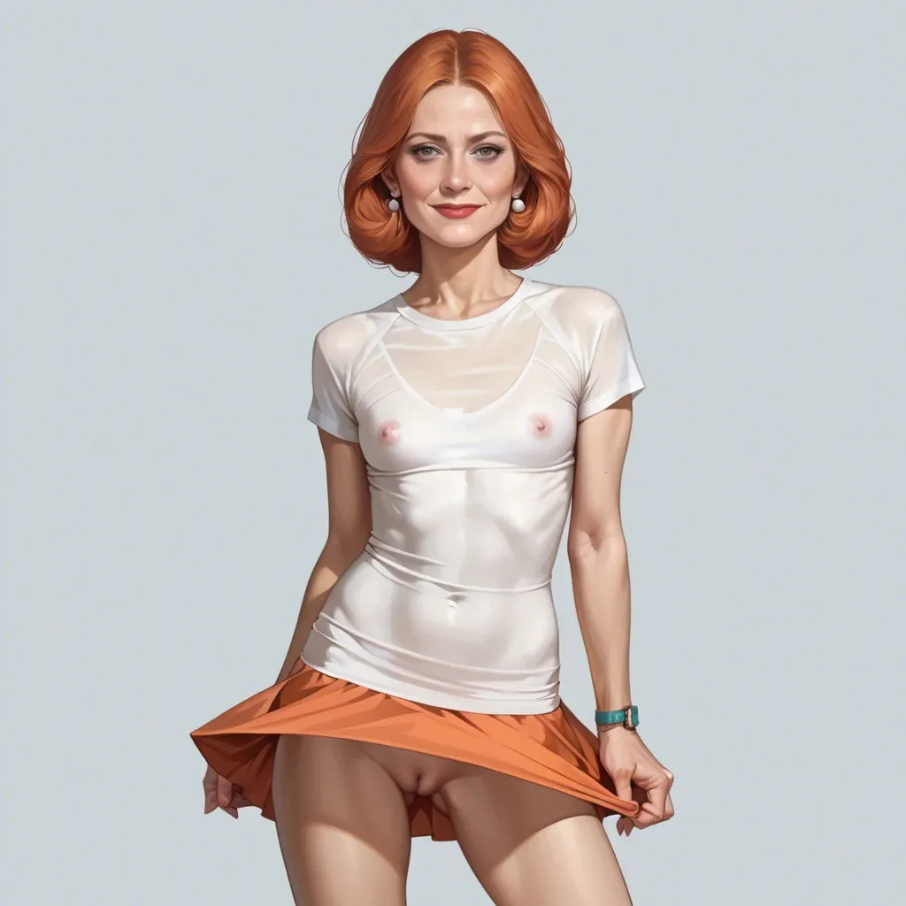 realistic realistic,full detailed,accurate,lois griffin,mature,flat chest,petite,skinny,slim,cleft of venus,seductive smile,shirt,upskirt,shy,rear view