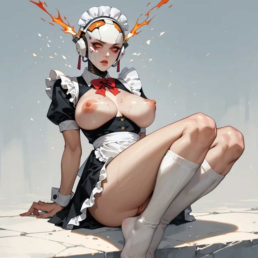 Sexy robot girl human like, big breast, maid uniform, exploded head, no head, sparks and smoke every where, beautiful legs, long socks