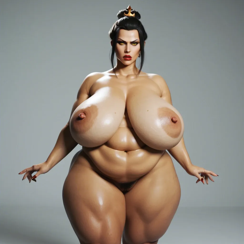 3d, hyper lips, sagging breasts, obese, fat legs, fat arms, solo female, princess azula, yellow eyes, tan skin, makeup, thick eyeshadow