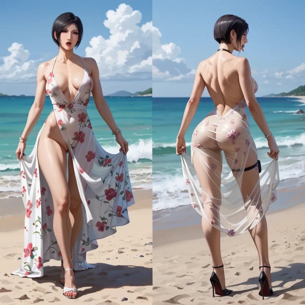 ada wong, pretty floral print dress, skimpy see through dress, light summer dress, stand, extreme close up, thigh gap, naked crotch, legs apart, firm breasts, firm butt, dancing, on the beach, happy frolicking, full body photo,