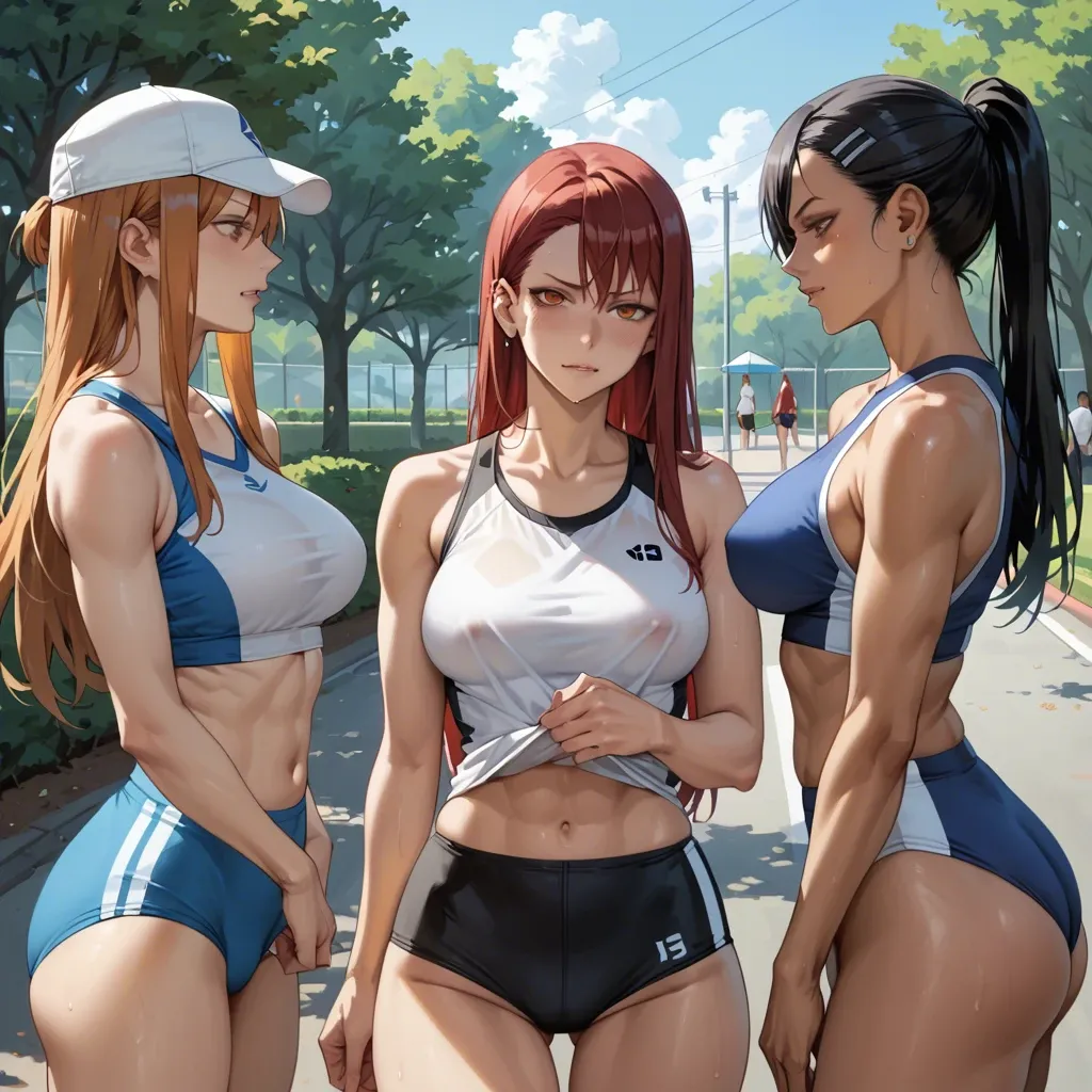 Hayase Nagatoro , kugisaki nobara, Erza Scarlet, 4 girls, bushes in the park, form-fitting sports uniform , cap, gray stripes, black hair , red hair, bob haircut, long hair, sports top, group sex, kiss