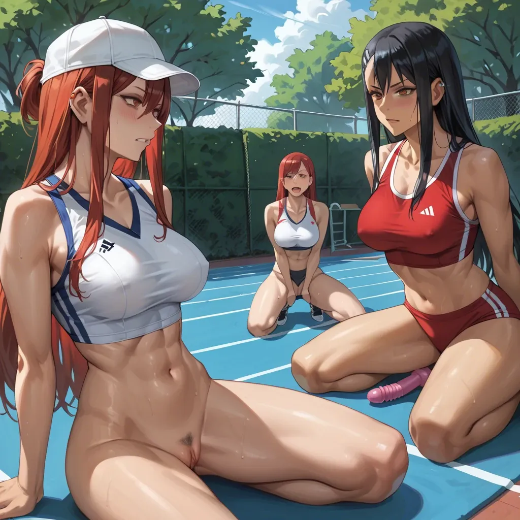 Hayase Nagatoro , kugisaki nobara, Erza Scarlet, 3 girls, bushes in the park, form-fitting sports uniform , cap, gray stripes, black hair , red hair, bob haircut, long hair, sports top, sex toys, lesbians, sex