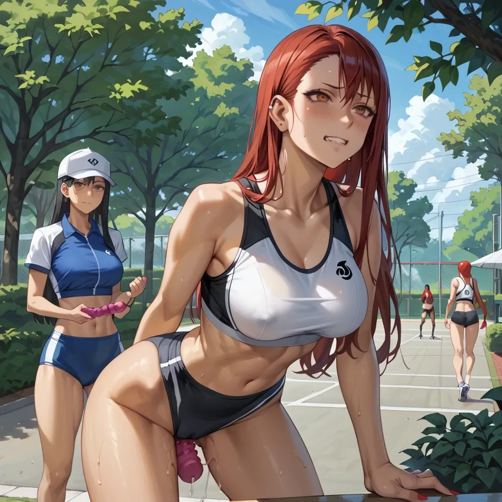 Hayase Nagatoro , kugisaki nobara, Erza Scarlet, 3 girls, bushes in the park, form-fitting sports uniform , cap, gray stripes, black hair , red hair, bob haircut, long hair, sports top, sex toys, two lesbians,licking breastse, sex