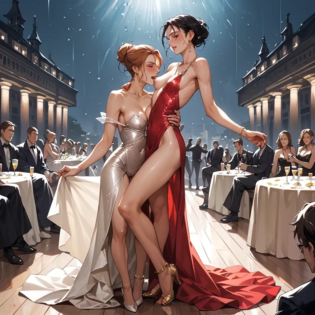 Two skinny girls in evening dresses at a party, dancing