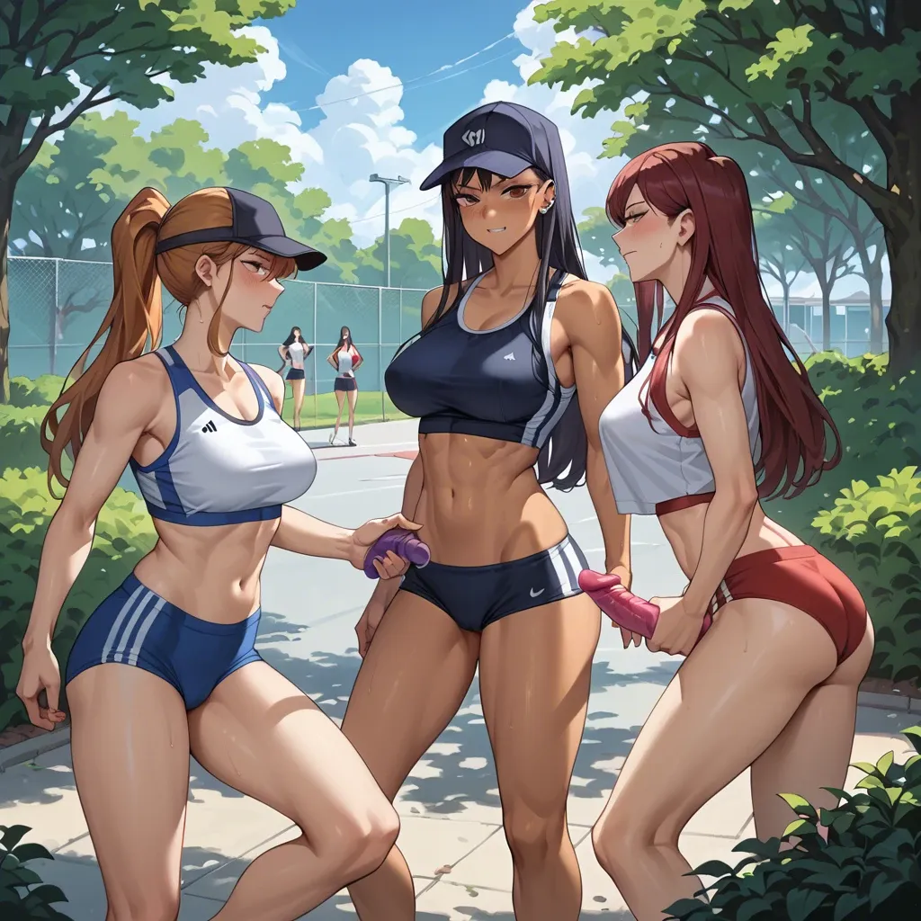 Hayase Nagatoro , kugisaki nobara, Erza Scarlet, Komi shouko , 4 girls, bushes in the park, form-fitting sports uniform , cap, sports top, dildo, yuri,