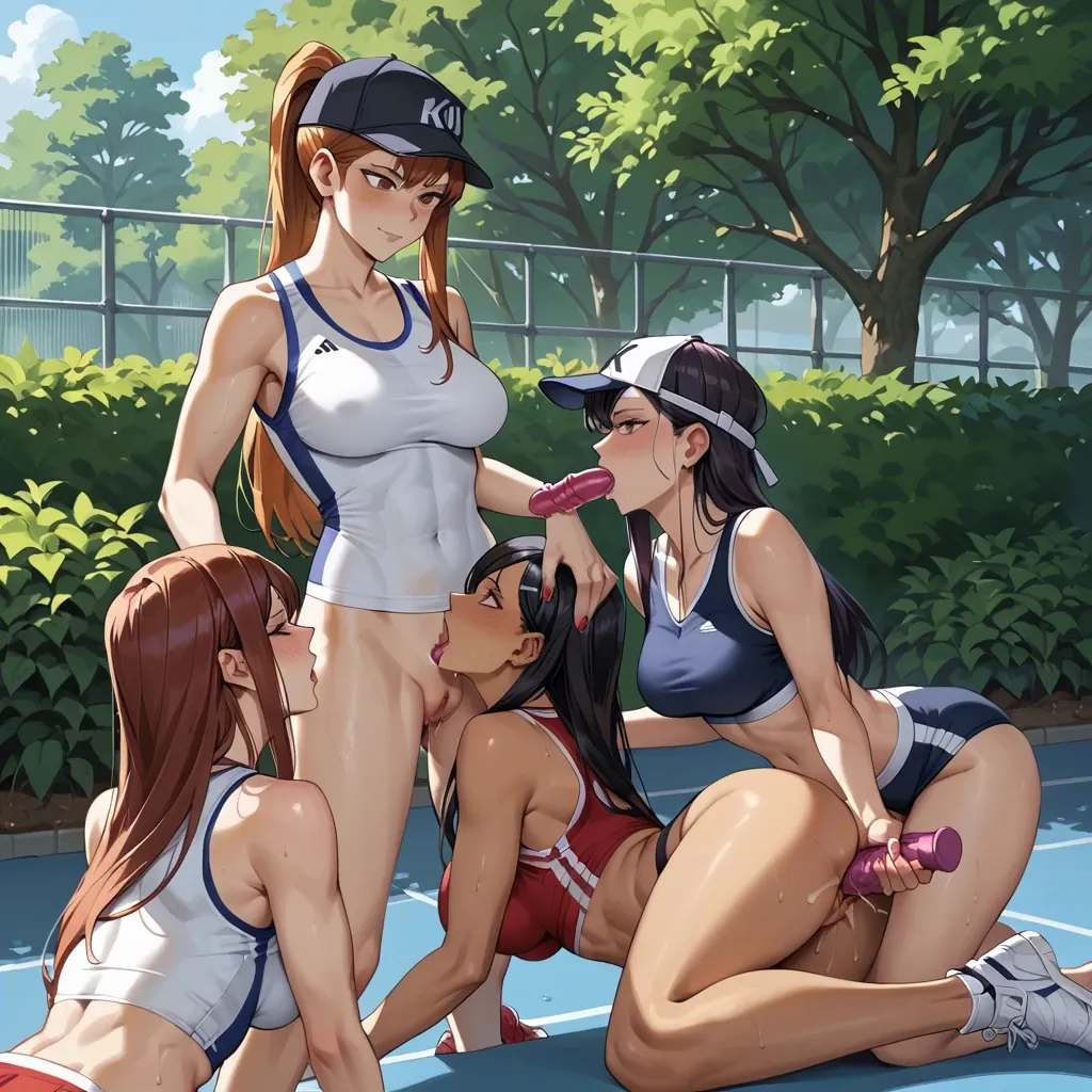 Hayase Nagatoro , kugisaki nobara, Erza Scarlet, Komi shouko , 4 girls, bushes in the park, form-fitting sports uniform , cap, sports top, dildo, yuri,sex, blow job