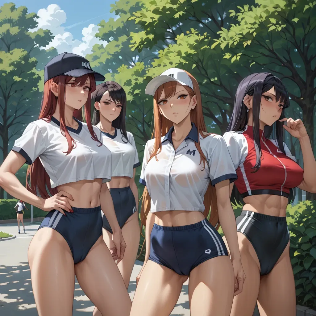 Hayase Nagatoro , kugisaki nobara, Erza Scarlet, Komi shouko , 4 girls, bushes in the park, form-fitting sports uniform , cap, gray stripes, black hair , red hair, bob haircut, long hair, sports top, dildo, yuri, lesbians sex