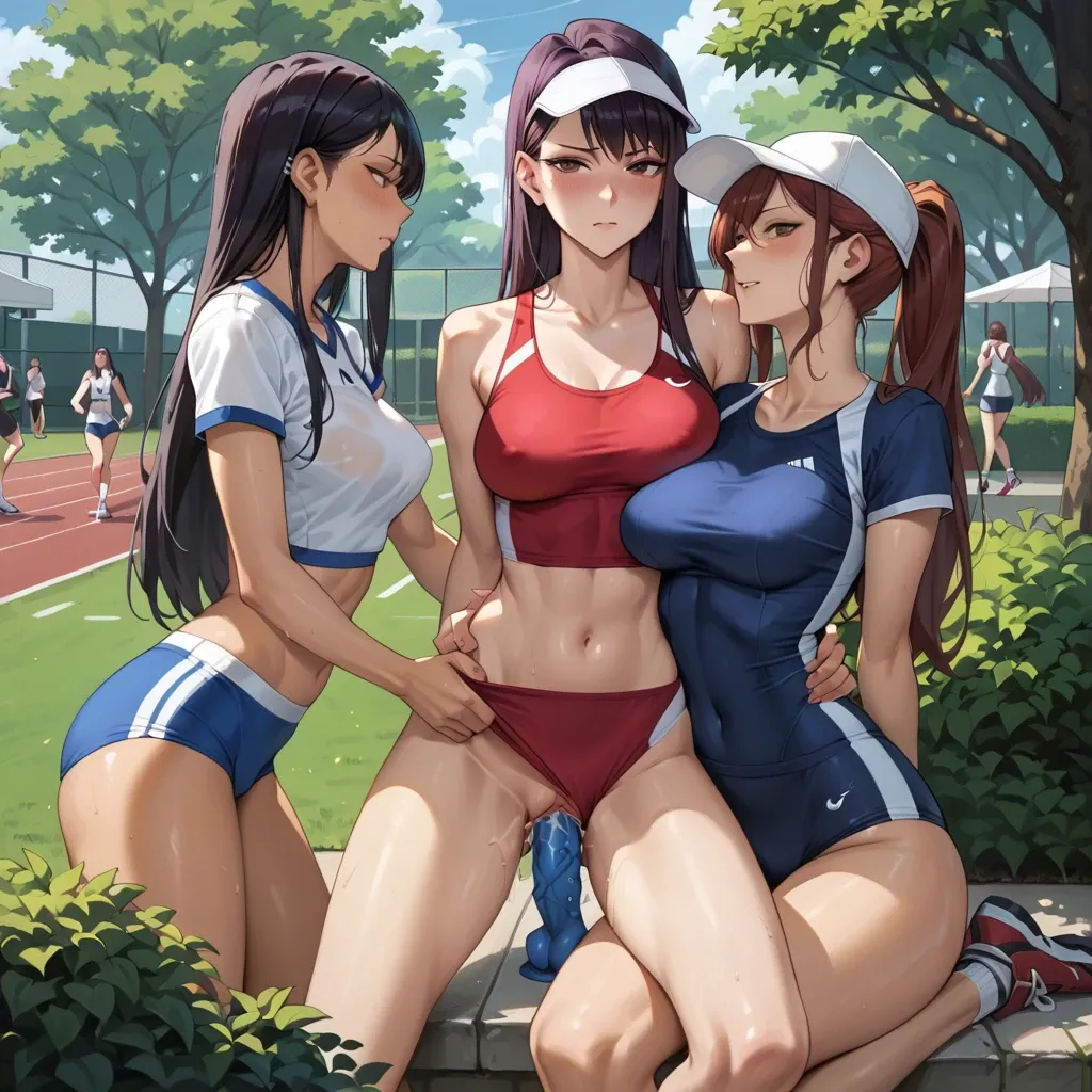 Hayase Nagatoro , kugisaki nobara, Erza Scarlet, Komi shouko , 4 girls, bushes in the park, form-fitting sports uniform , cap, sports top, dildo, lesbian sex