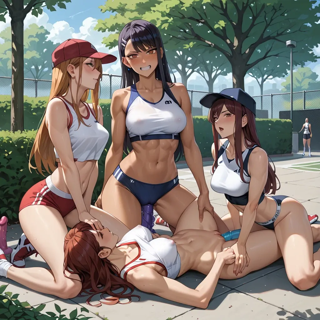 Hayase Nagatoro , kugisaki nobara, Erza Scarlet, Komi shouko , 4 girls, bushes in the park, form-fitting sports uniform , cap, sports top, dildo, lesbian sex By the tree