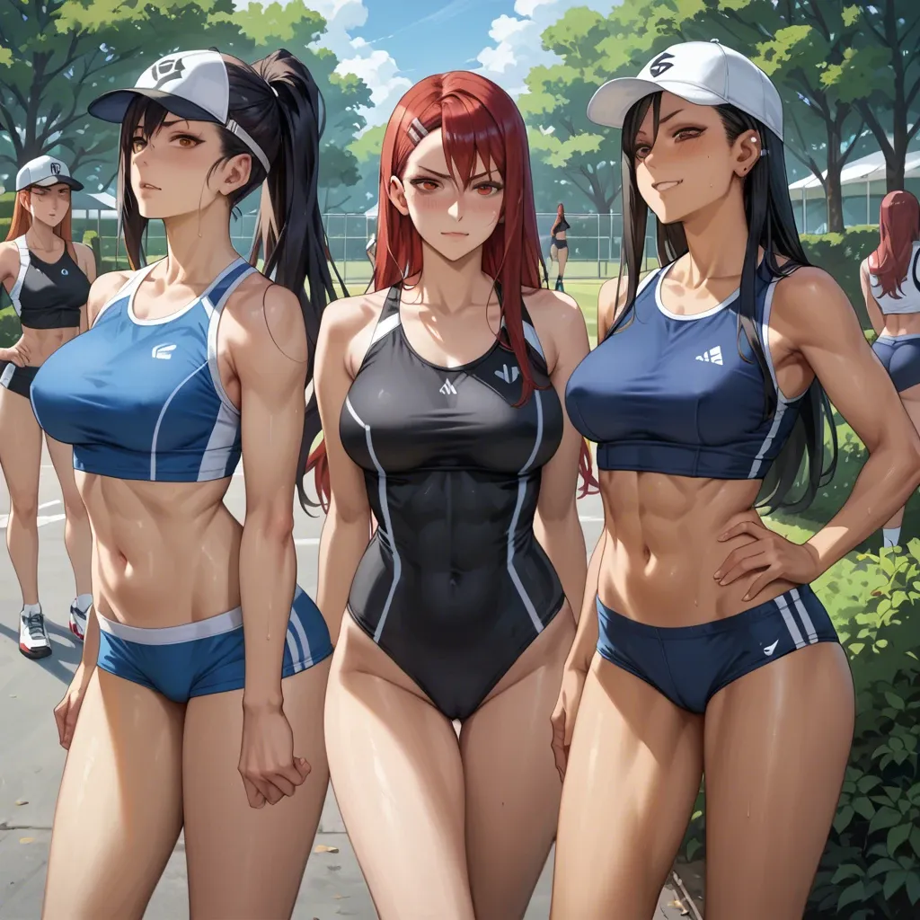 Hayase Nagatoro , kugisaki nobara, Erza Scarlet, 4 girls, bushes in the park, form-fitting sports uniform , cap, gray stripes, black hair , red hair, bob haircut, long hair, sports top, group sex, kiss, blow job