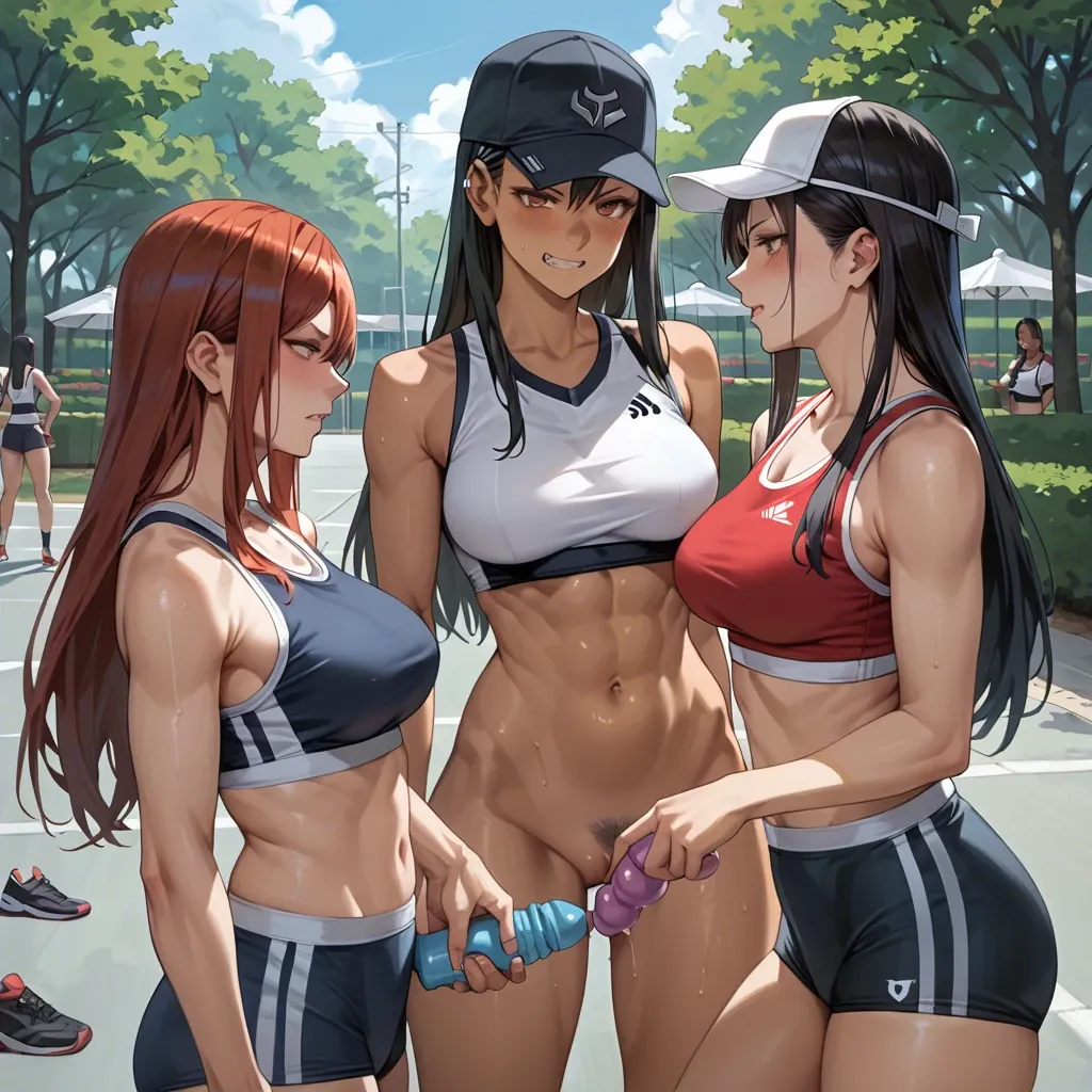 Hayase Nagatoro , kugisaki nobara, Erza Scarlet, 3 girls, bushes in the park, form-fitting sports uniform , cap, gray stripes, black hair , red hair, bob haircut, long hair, sports top, sex toys, lesbians,licking breastse, sex