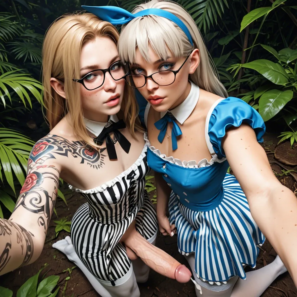 2femboy,collaborative,3d, freckles adorable male Girly,full package futanari,thick lips, glasses,full body tattoos ,skinny,alice in wonderland dress, white stocking,jungle,selfie closeup cute gorgeous, handjobs,cum