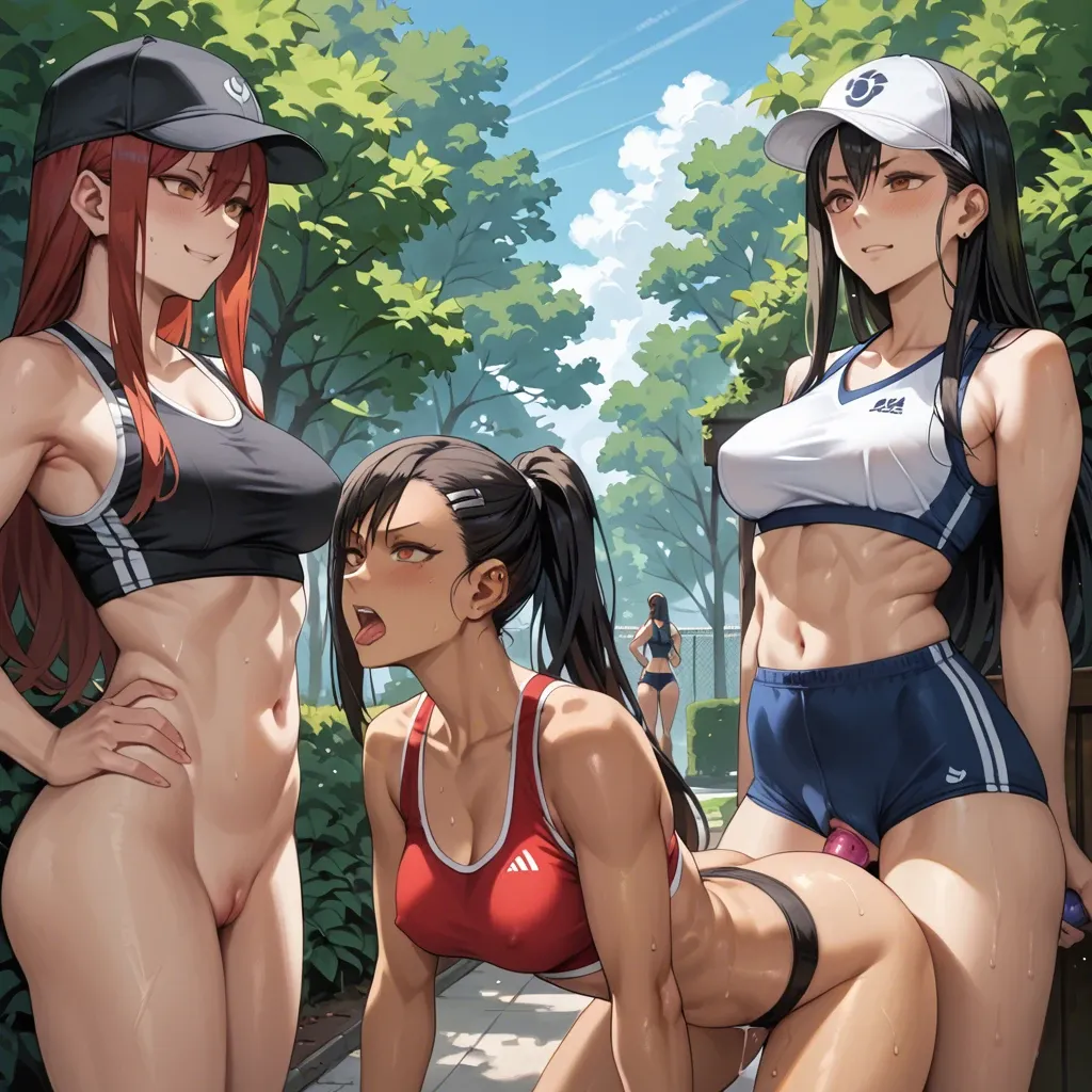 Hayase Nagatoro , kugisaki nobara, Erza Scarlet, 3 girls, bushes in the park, form-fitting sports uniform , cap, gray stripes, black hair , red hair, bob haircut, long hair, sports top, sex toys, 2 lesbians