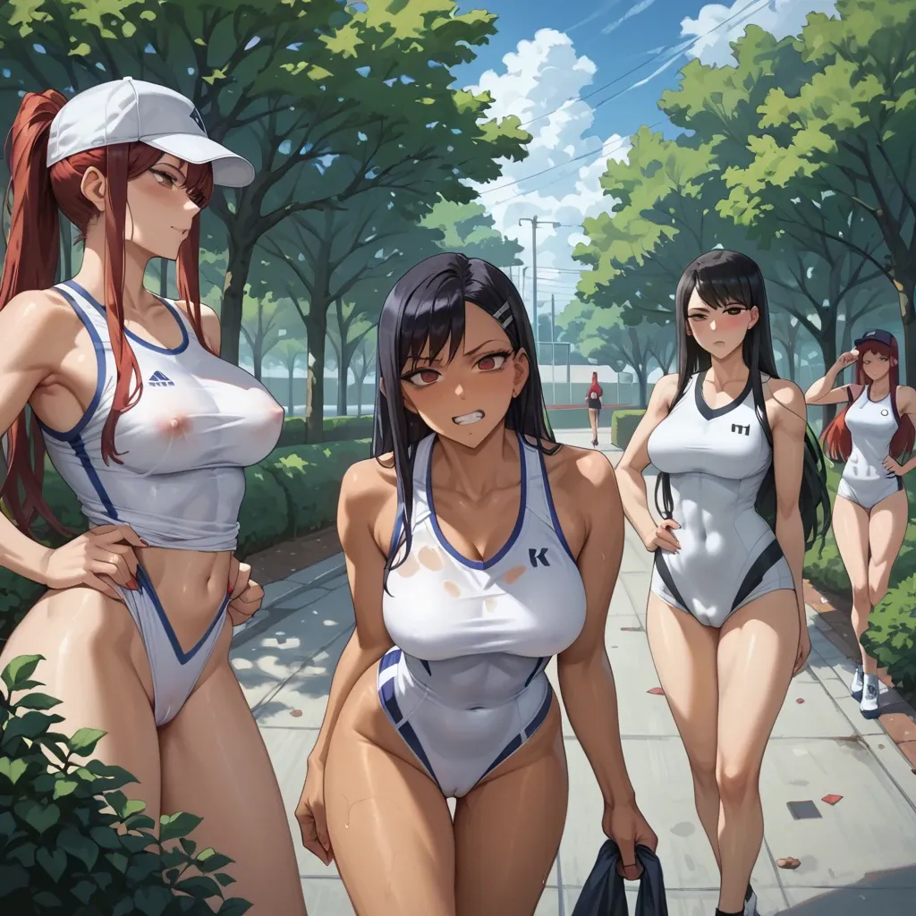 Hayase Nagatoro , kugisaki nobara, Erza Scarlet, Komi shouko , 4 girls, bushes in the park, form-fitting sports uniform , cap, gray stripes, black hair , red hair, bob haircut, long hair, sports top, dildo, yuri, lesbians sex kiss