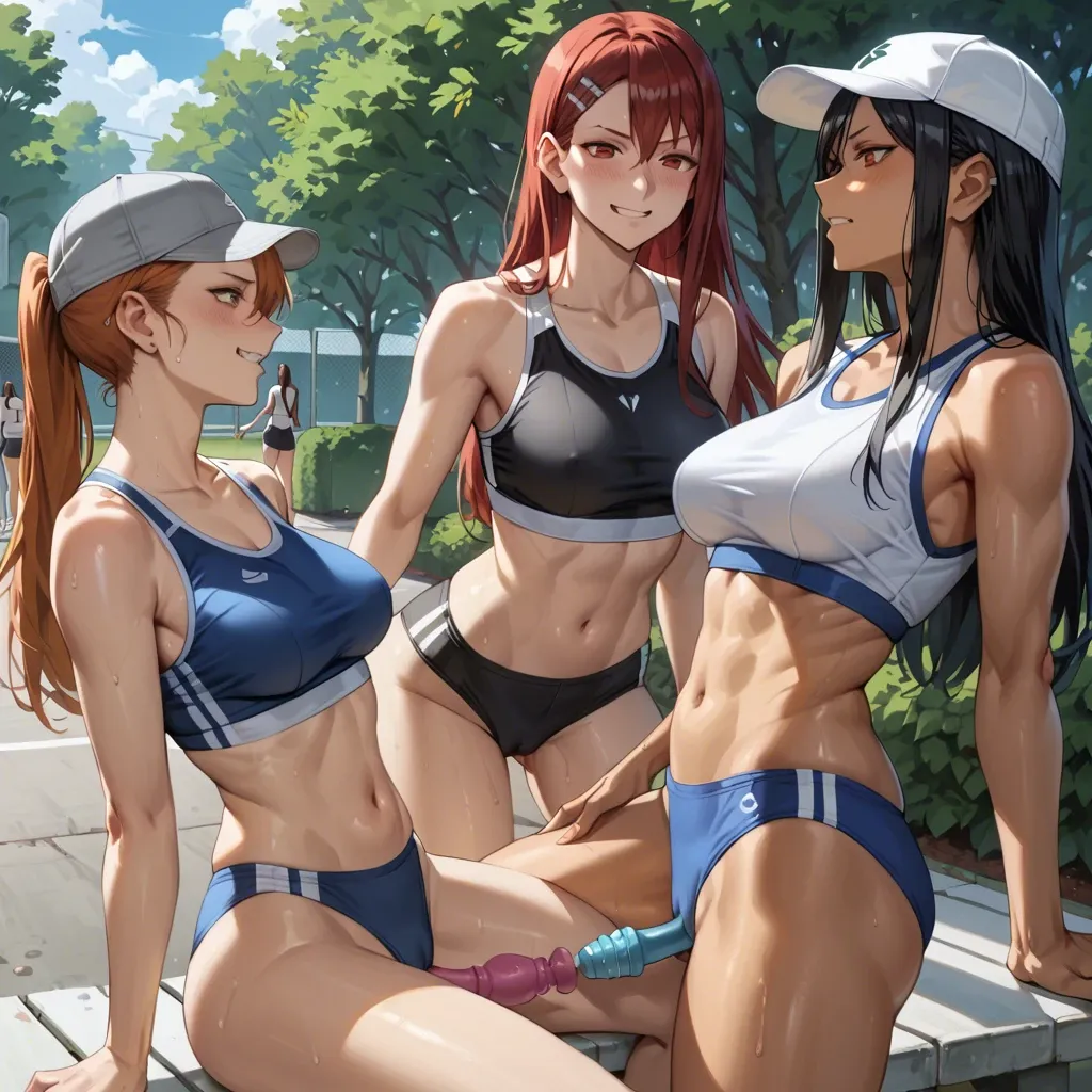 Hayase Nagatoro , kugisaki nobara, Erza Scarlet, 3 girls, bushes in the park, form-fitting sports uniform , cap, gray stripes, black hair , red hair, bob haircut, long hair, sports top, sex toys, two lesbians,licking breastse