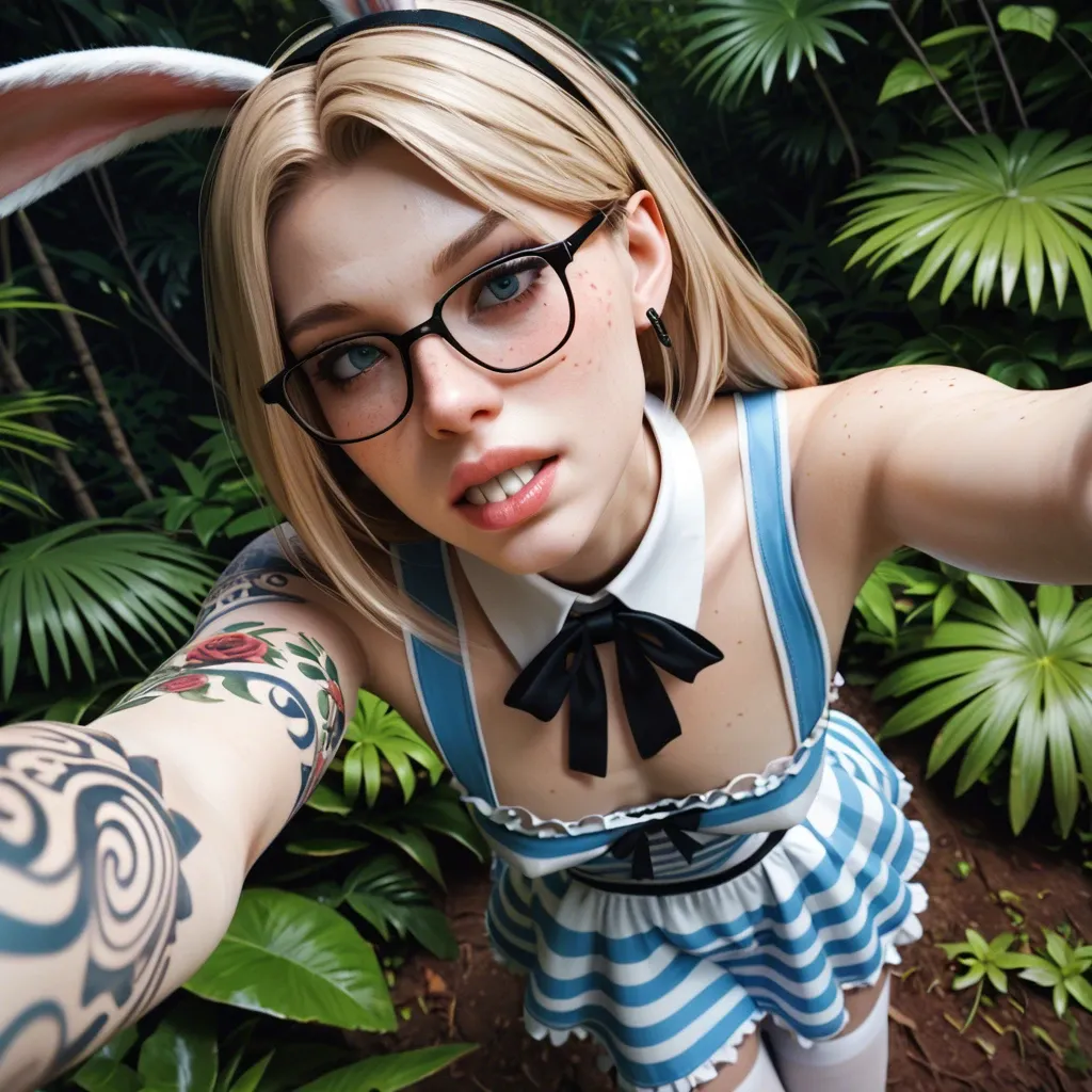 1femboy,3d, freckles adorable male Girly hanging penis thick lips rabbit teeth, glasses full tattoos skinny,alice in wonderland dress, white stocking,jungle,high angle selfie cute gorgeous