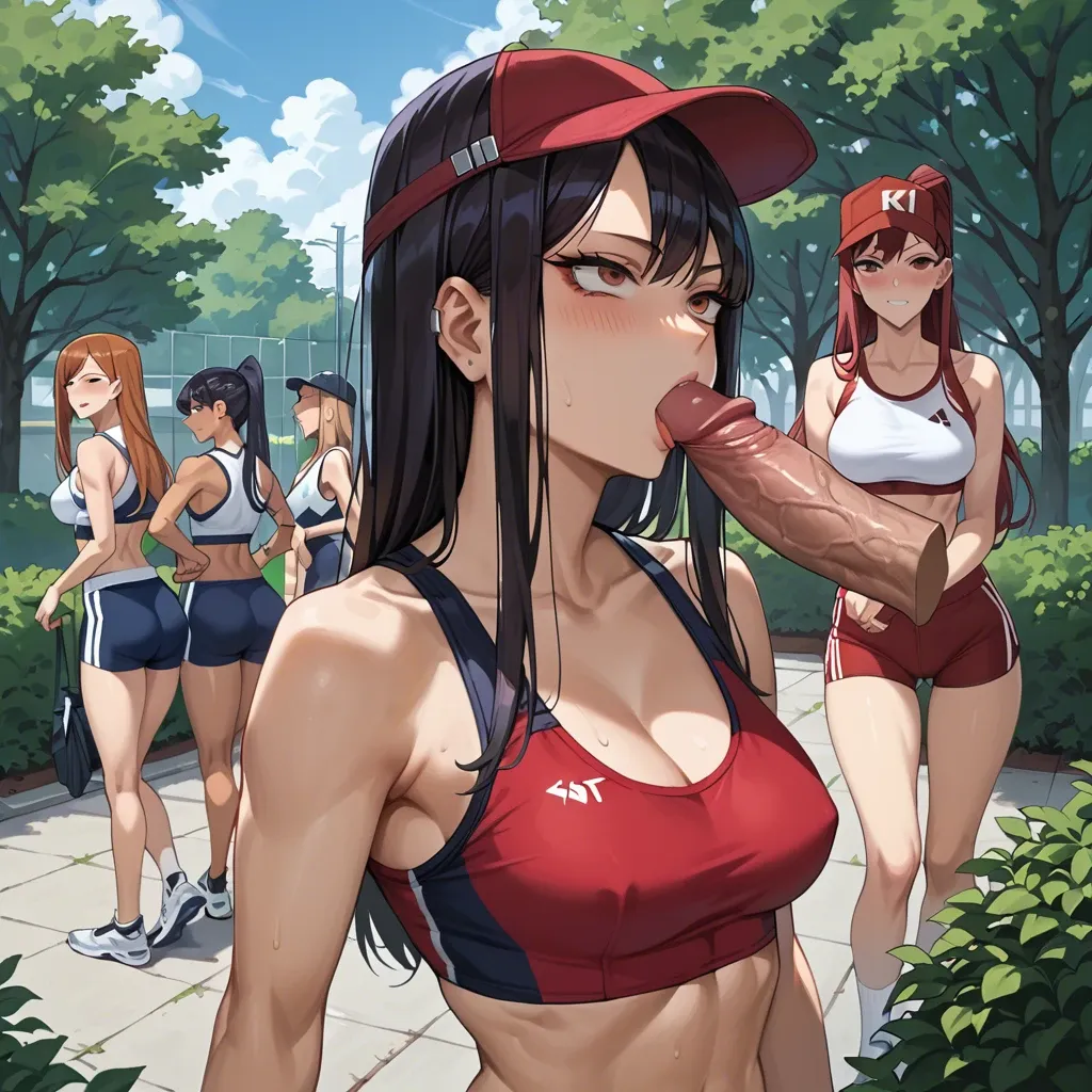 Hayase Nagatoro , kugisaki nobara, Erza Scarlet, Komi shouko , 4 girls, bushes in the park, form-fitting sports uniform , cap, sports top, dil