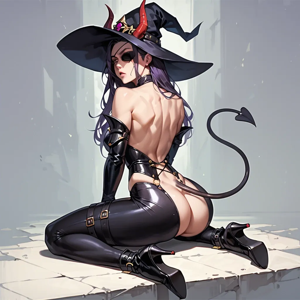 1girl, solo, purple long hair, black right eye patch, green eye, red horns, demon tail, a meager amount of metal armor, black leather leggings, boots on heels, witch hat, lots of bare skin, bare back, sexy fit ass, on knees, with dog collar, 2man, BBC gangbang, mouth fuck, ass fuck