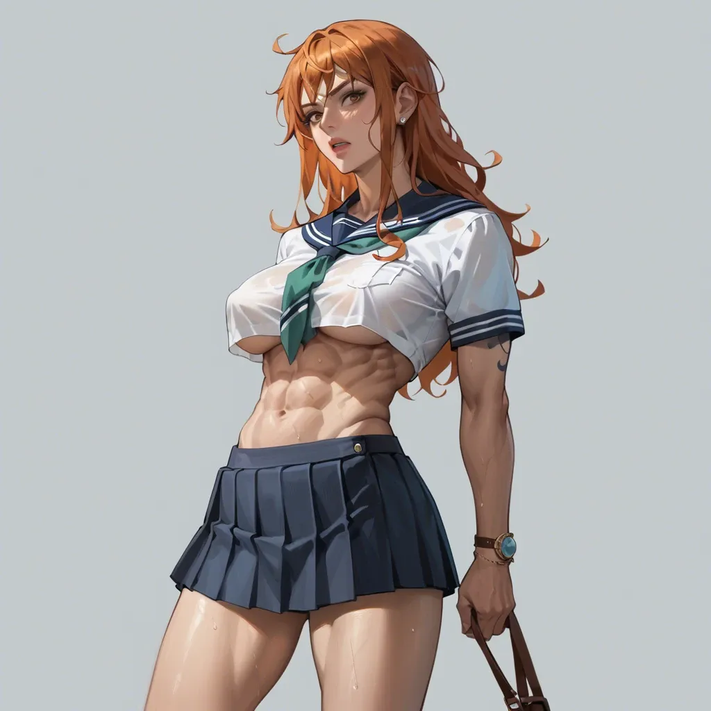 6 pack abs Nami, wear school training uniform, standing in class