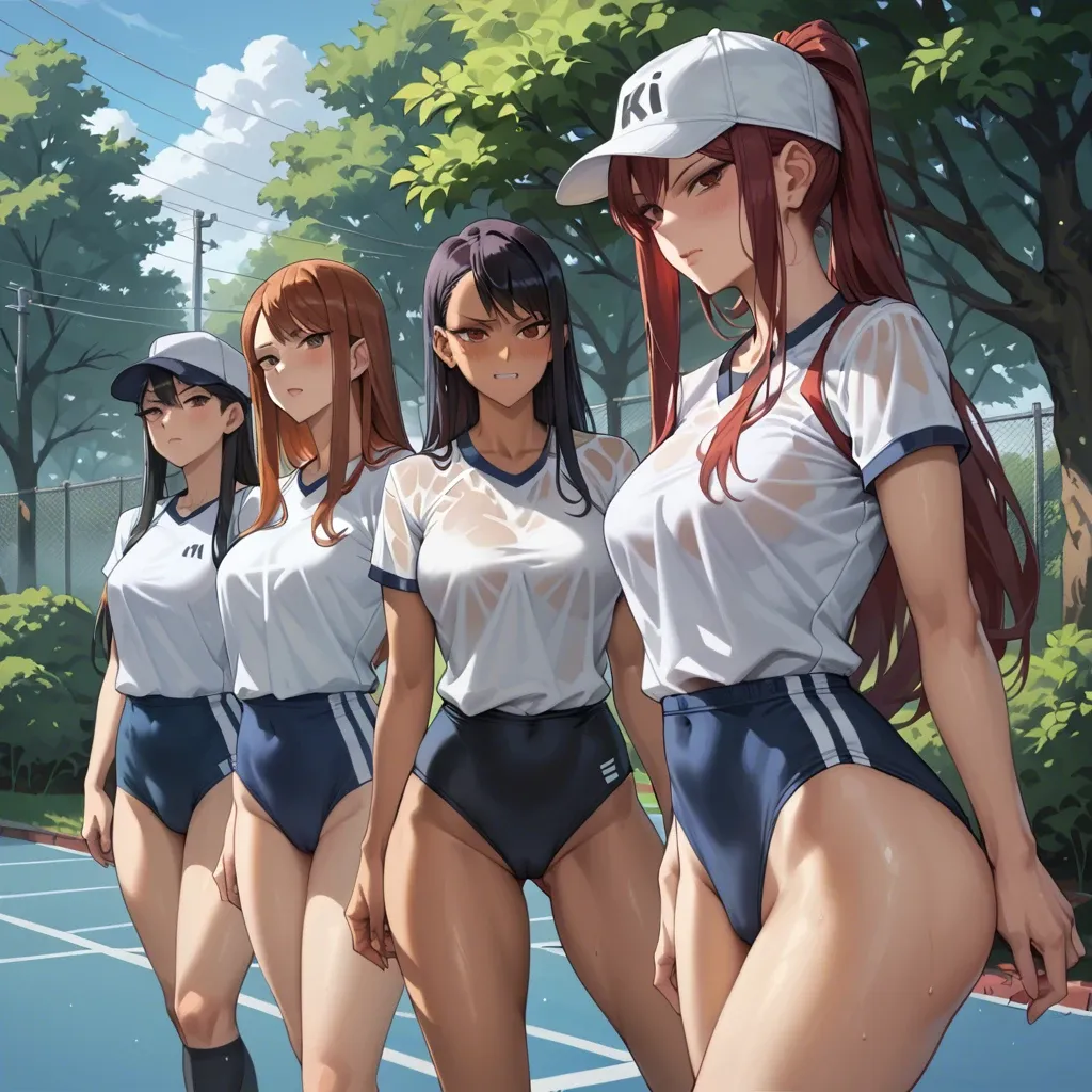 Hayase Nagatoro , kugisaki nobara, Erza Scarlet, Komi shouko , 4 girls, bushes in the park, form-fitting sports uniform , cap, gray stripes, black hair , red hair, bob haircut, long hair, sports top, dildo, yuri, lesbians sex