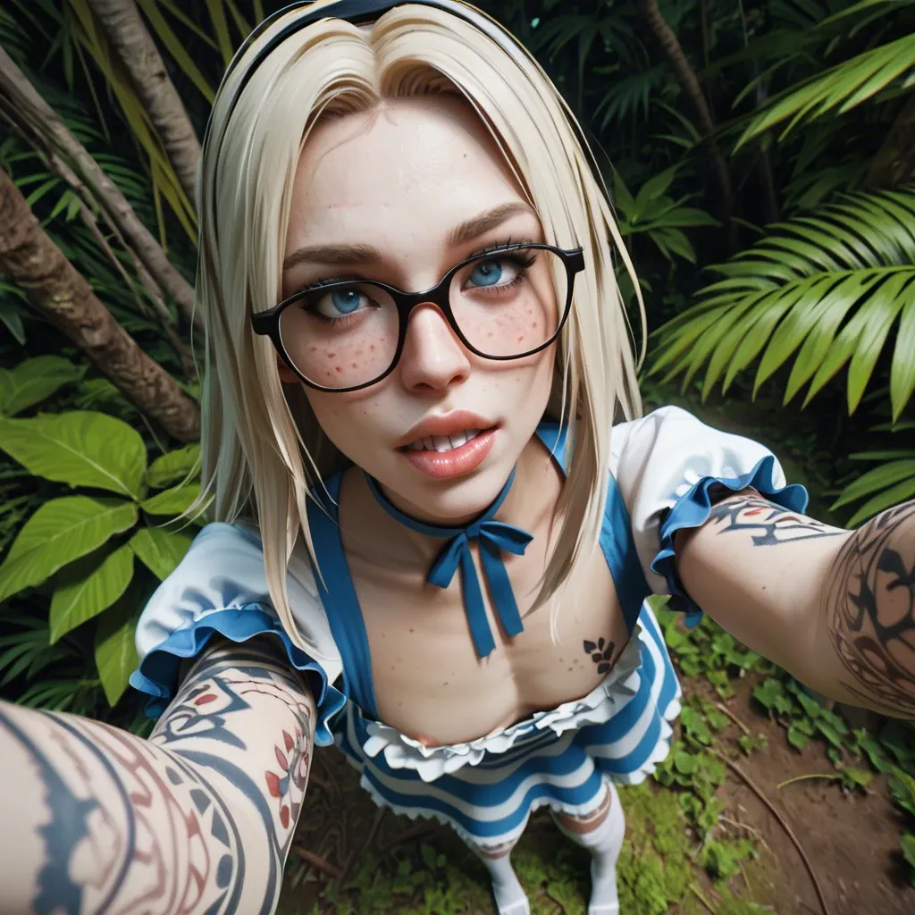 1femboy,3d, freckles adorable male Girly,hanging penis,thick lips,big teeth, glasses,full body tattoos ,skinny,alice in wonderland dress, white stocking,jungle,high angle selfie cute gorgeous